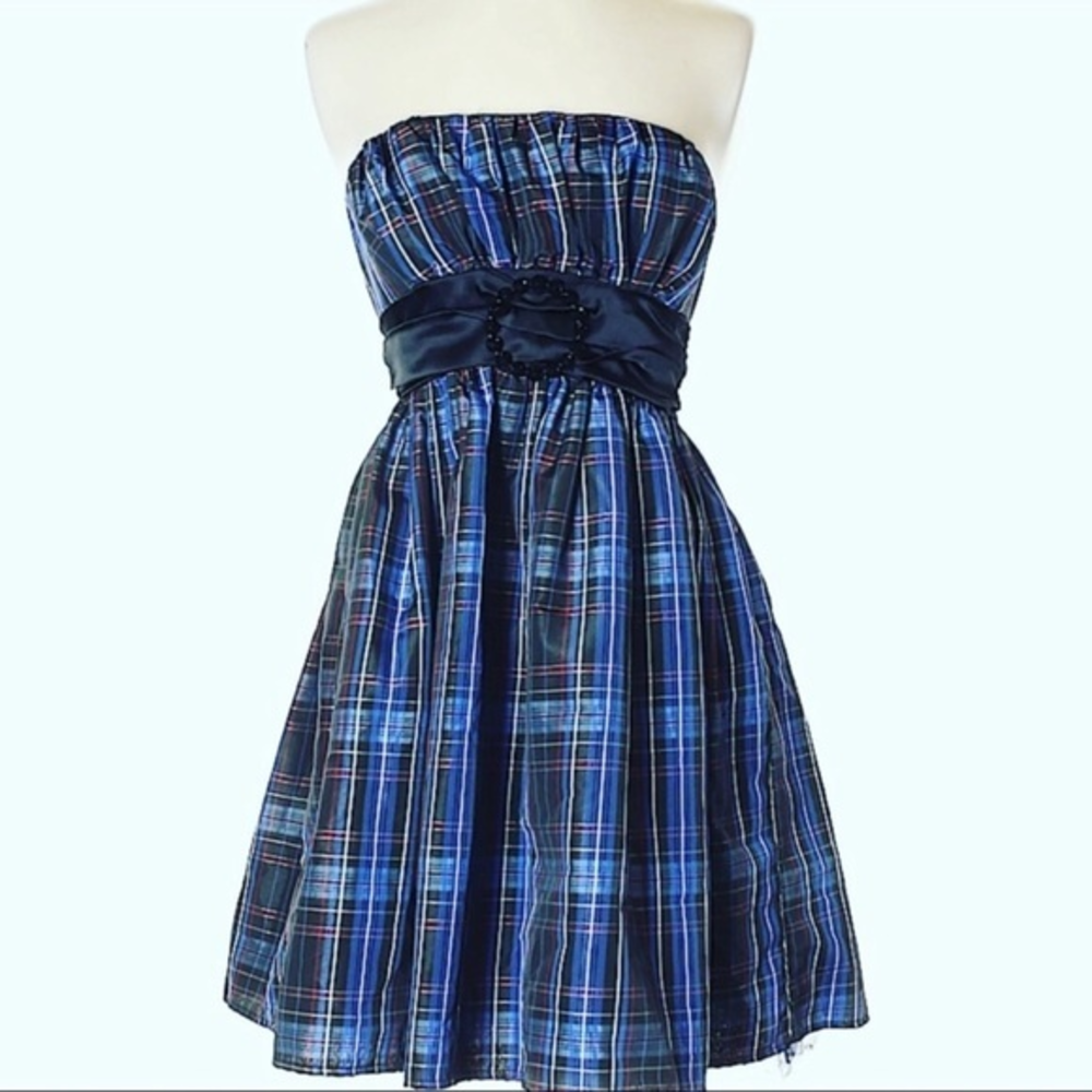 Candies 3 Jrs blue plaid retro‎ strapless formal ribbon tulle bow belt dress